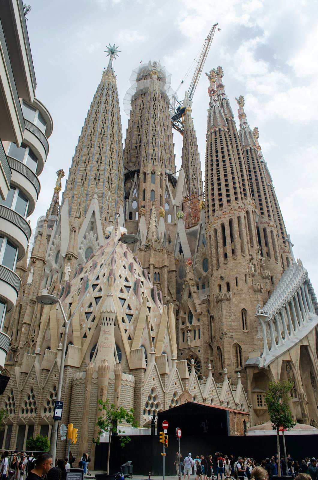The sculpted towers and facade of the Sagrada Familia basilica in Barcelona.