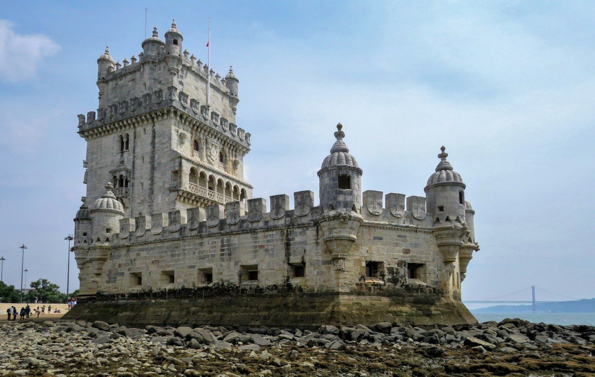 Belem Tower at low tide on the Tagus River in Lisbon.