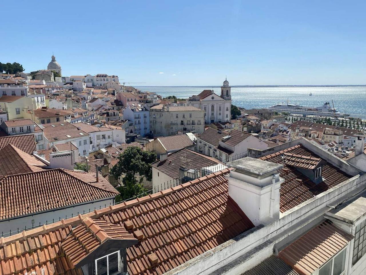 Terracotta rooftops of Lisbon overlooking the Tagus River.