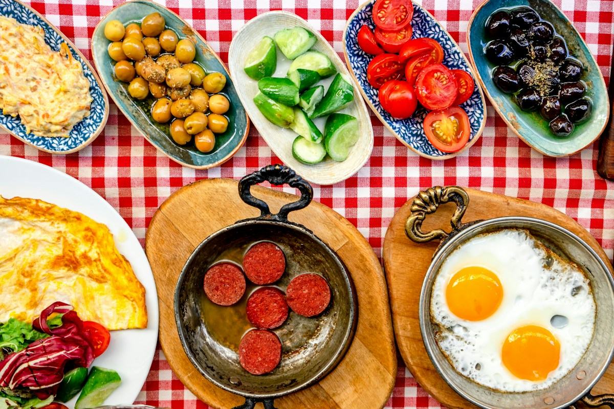 A Turkish breakfast spread with eggs, olives and vegetables in Istanbul.