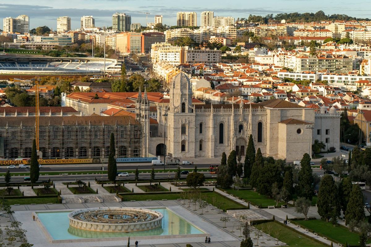 Jeronimos Monastery and its surrounding garden in Lisbon.